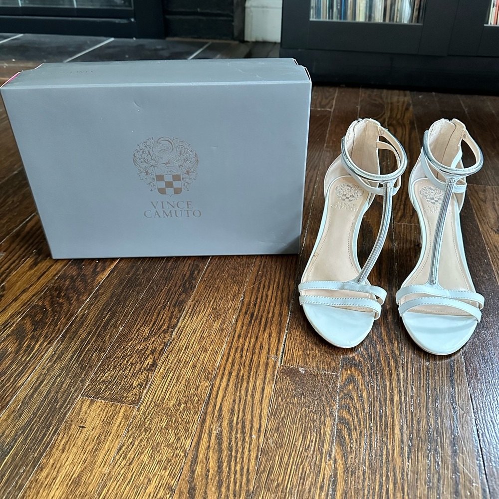 Vince Camuto White Heels Satin T-Strap Design